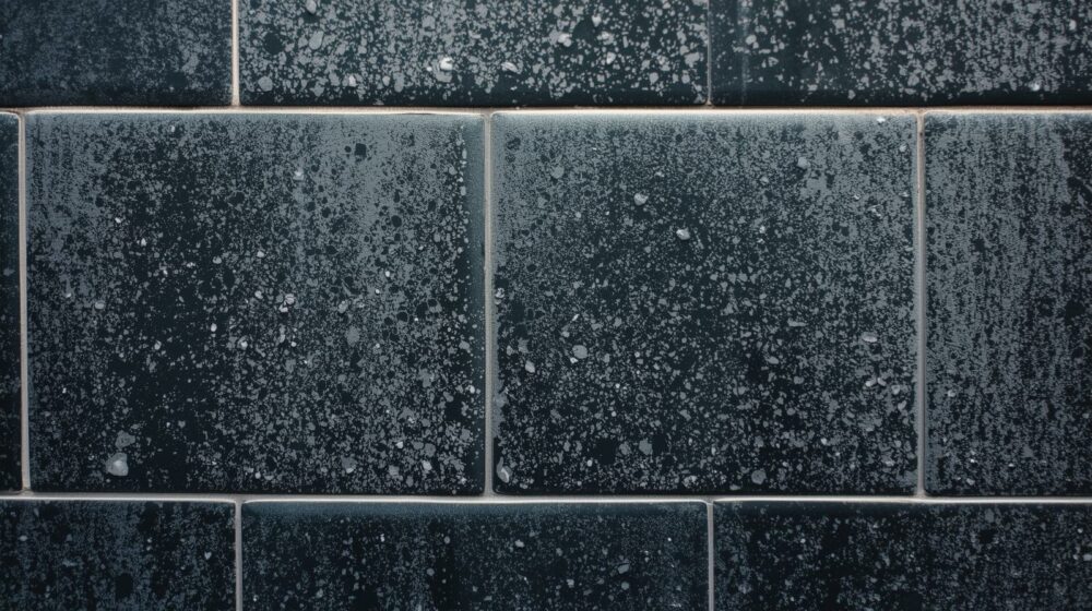 Donkere badkamertegels met witte aanslag door kalkaanslag in de douche